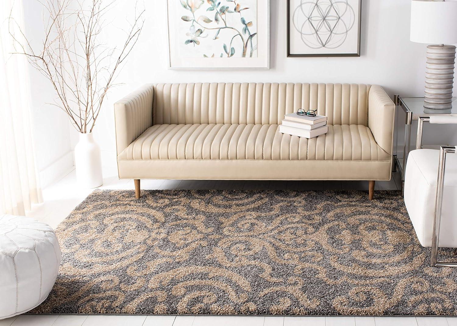 image:imageSAFAVIEH Florida Shag Collection Area Rug 53 x 76 Grey amp Beige Damask Design NonShedding amp Easy Care 12inch Thick Ideal for High Traffic Areas in Living Room Bedroom SG4628013GreyBeige