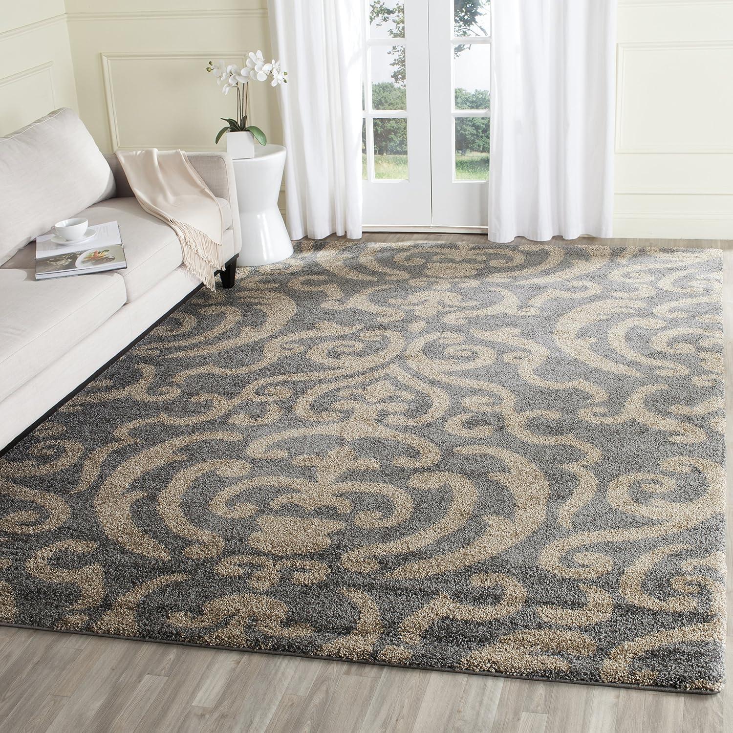 image:imageSAFAVIEH Florida Shag Collection Area Rug 53 x 76 Grey amp Beige Damask Design NonShedding amp Easy Care 12inch Thick Ideal for High Traffic Areas in Living Room Bedroom SG4628013GreyBeige