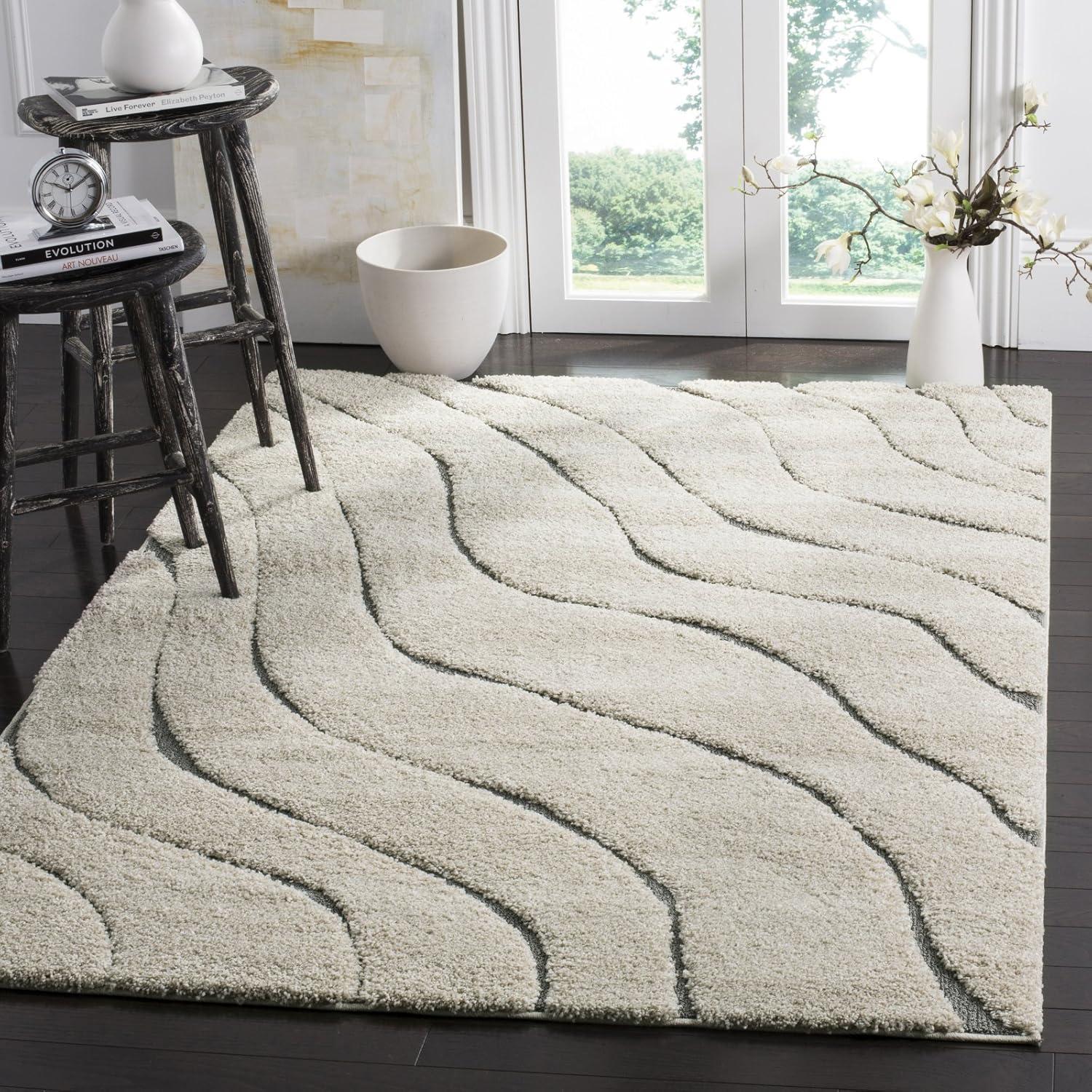 image:imageSAFAVIEH Florida Shag Collection Area Rug 86 x 12 Dark Blue amp Cream NonShedding amp Easy Care 12inch Thick Ideal for High Traffic Areas in Living Room Bedroom SG4726511CreamGrey