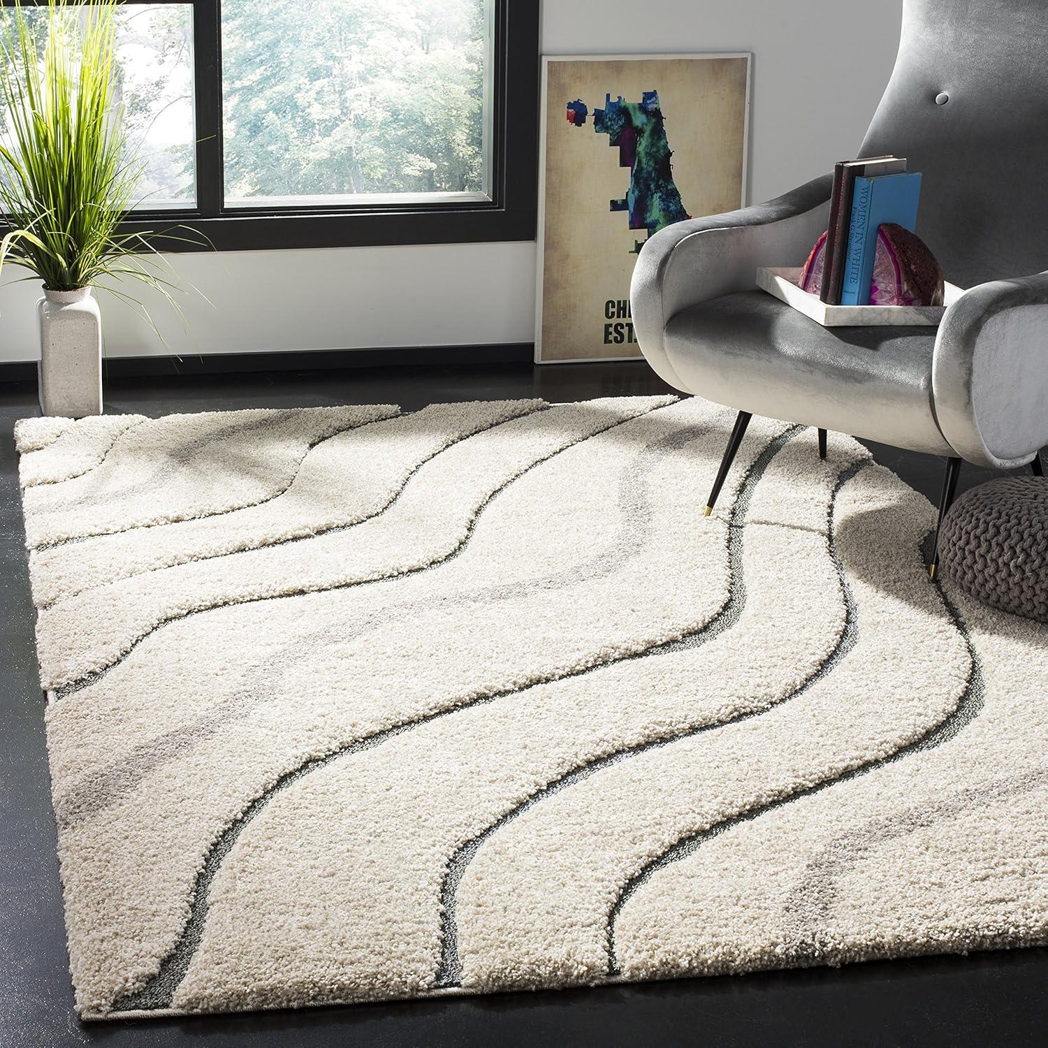 image:imageSAFAVIEH Florida Shag Collection Area Rug 86 x 12 Dark Blue amp Cream NonShedding amp Easy Care 12inch Thick Ideal for High Traffic Areas in Living Room Bedroom SG4726511CreamLight Blue