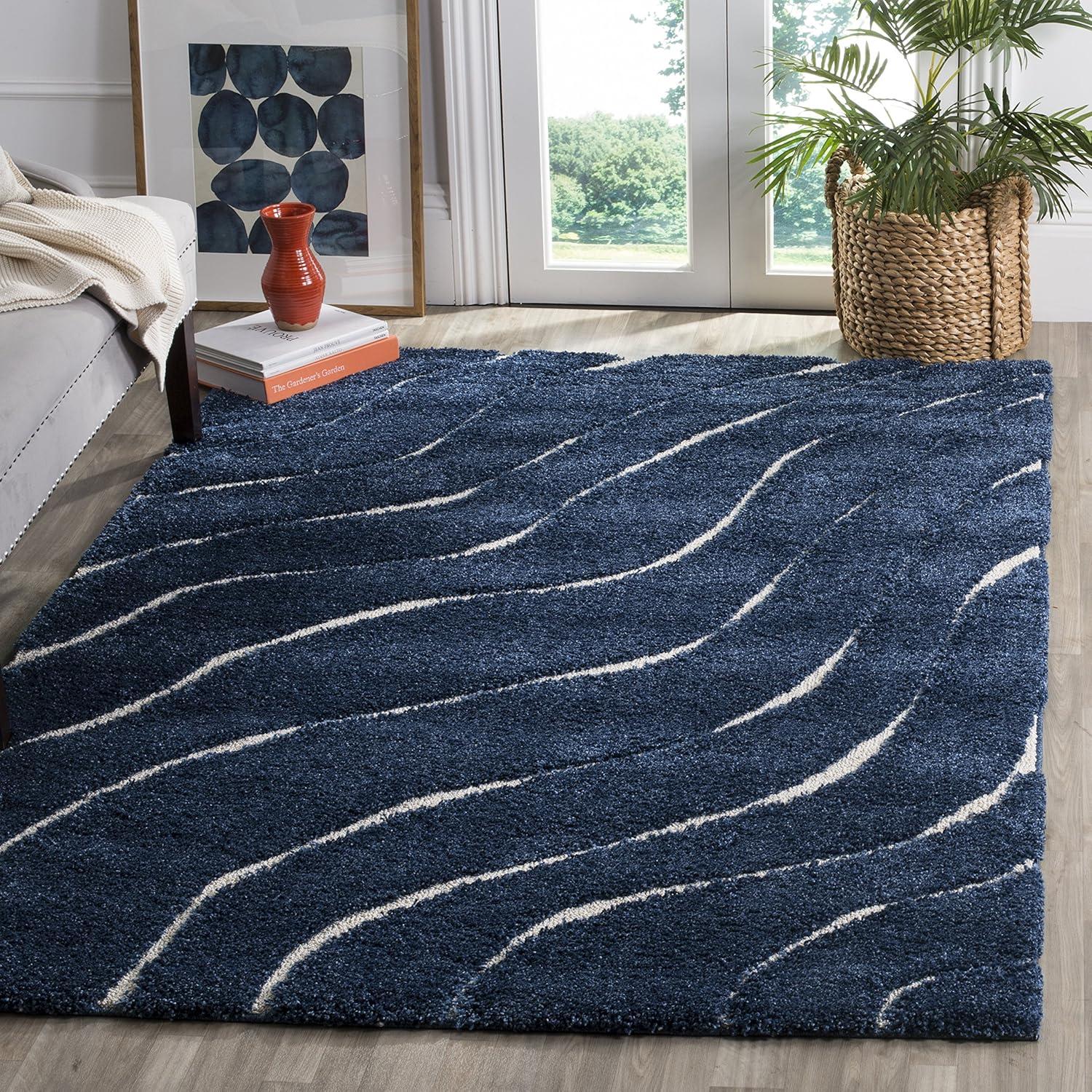 image:imageSAFAVIEH Florida Shag Collection Area Rug 86 x 12 Dark Blue amp Cream NonShedding amp Easy Care 12inch Thick Ideal for High Traffic Areas in Living Room Bedroom SG4726511Dark BlueCream