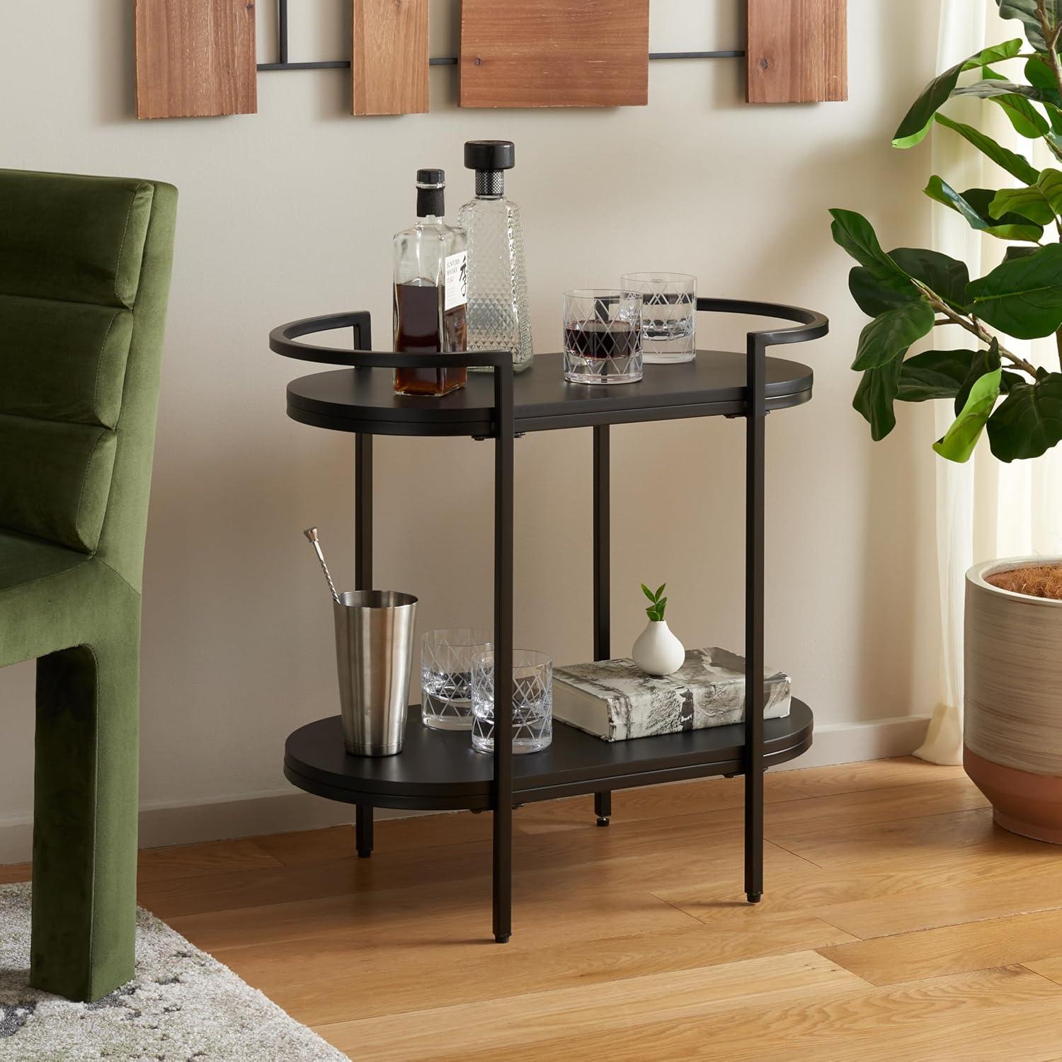image:imageSAFAVIEH Home Collection Inessa Black amp Natural Oval 2Tier Bar Cart Modern Metal Serving Cart Sleek Entertaining Design BCT2503FBlackBlack