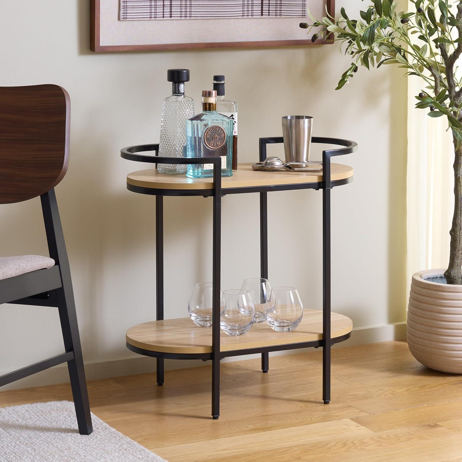 image:imageSAFAVIEH Home Collection Inessa Black amp Natural Oval 2Tier Bar Cart Modern Metal Serving Cart Sleek Entertaining Design BCT2503FBlackNatural