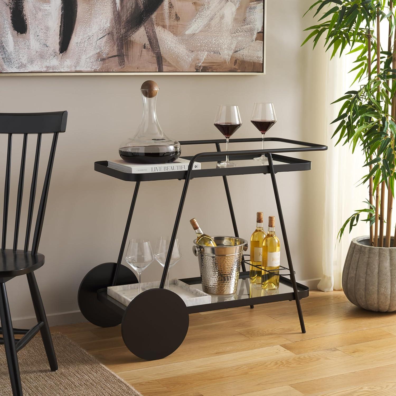image:imageSAFAVIEH Home Collection Zunia White amp Glass 2Tier Bar Cart Modern Metal Serving Cart Sleek Contemporary Design BCT2504EBlackClear