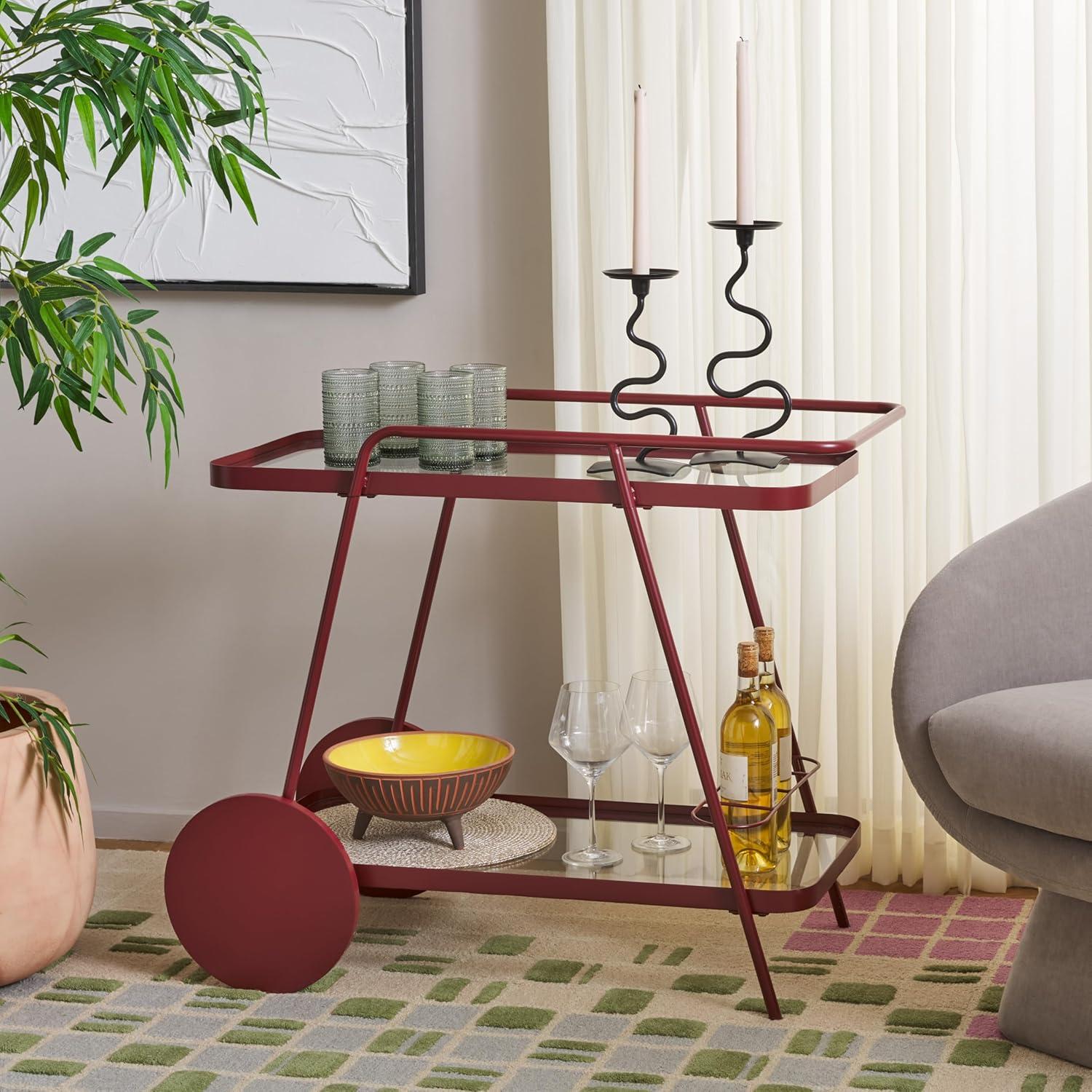 image:imageSAFAVIEH Home Collection Zunia White amp Glass 2Tier Bar Cart Modern Metal Serving Cart Sleek Contemporary Design BCT2504EBrick RedGlass