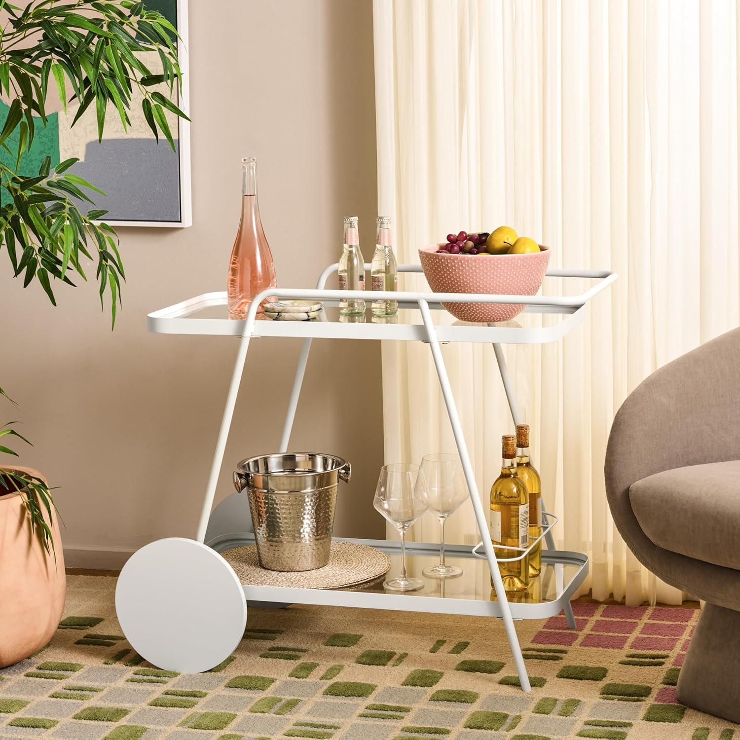 image:imageSAFAVIEH Home Collection Zunia White amp Glass 2Tier Bar Cart Modern Metal Serving Cart Sleek Contemporary Design BCT2504EWhiteGlass