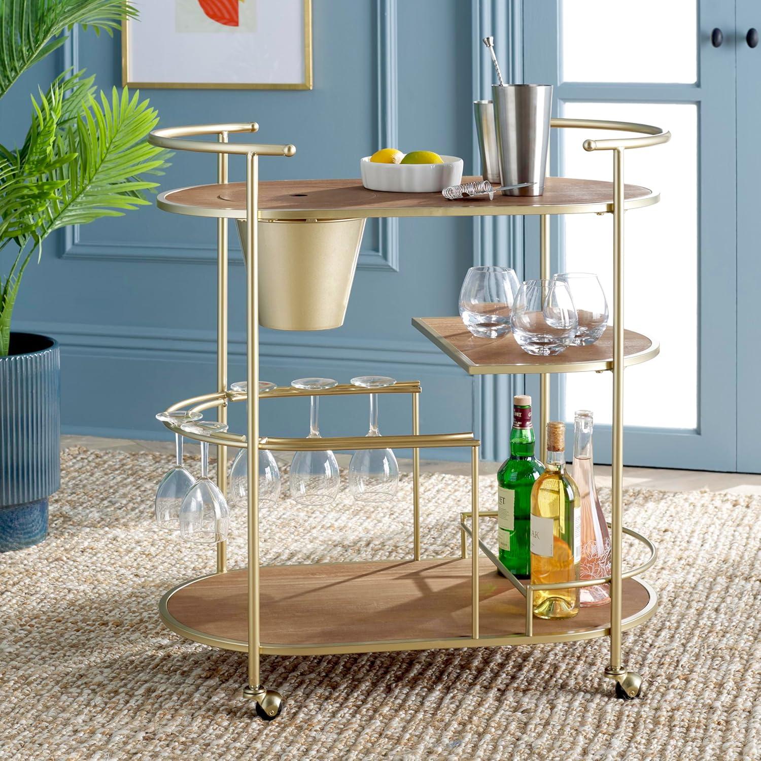 image:imageSAFAVIEH Home Collection Alora Brushed GoldNatural 2Tier Bar Serving Cart with Bucket for Entertaining Living Room Kitchen