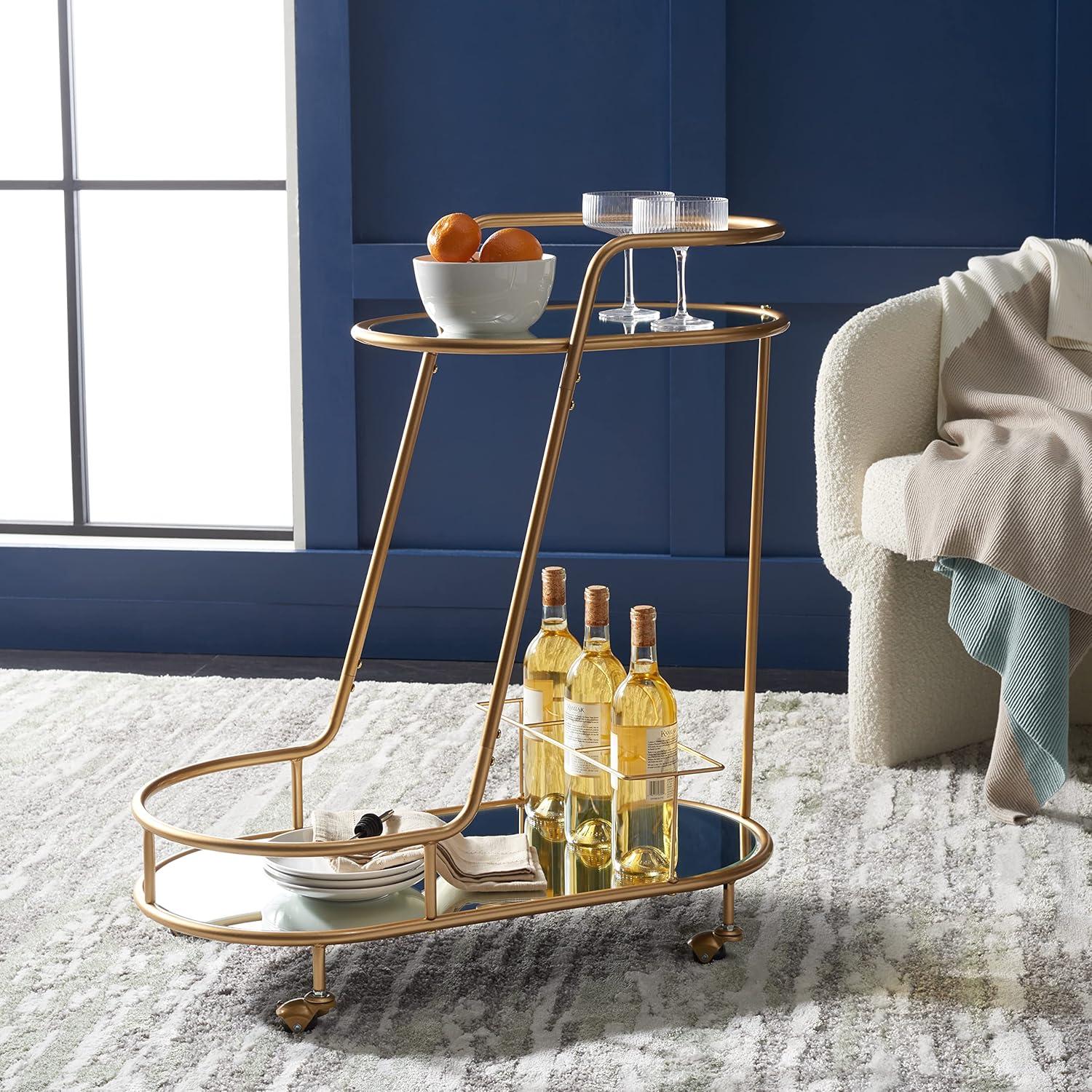 image:imageSAFAVIEH Home Collection Midas GoldMirrored 2Tier Oval Bar Cart