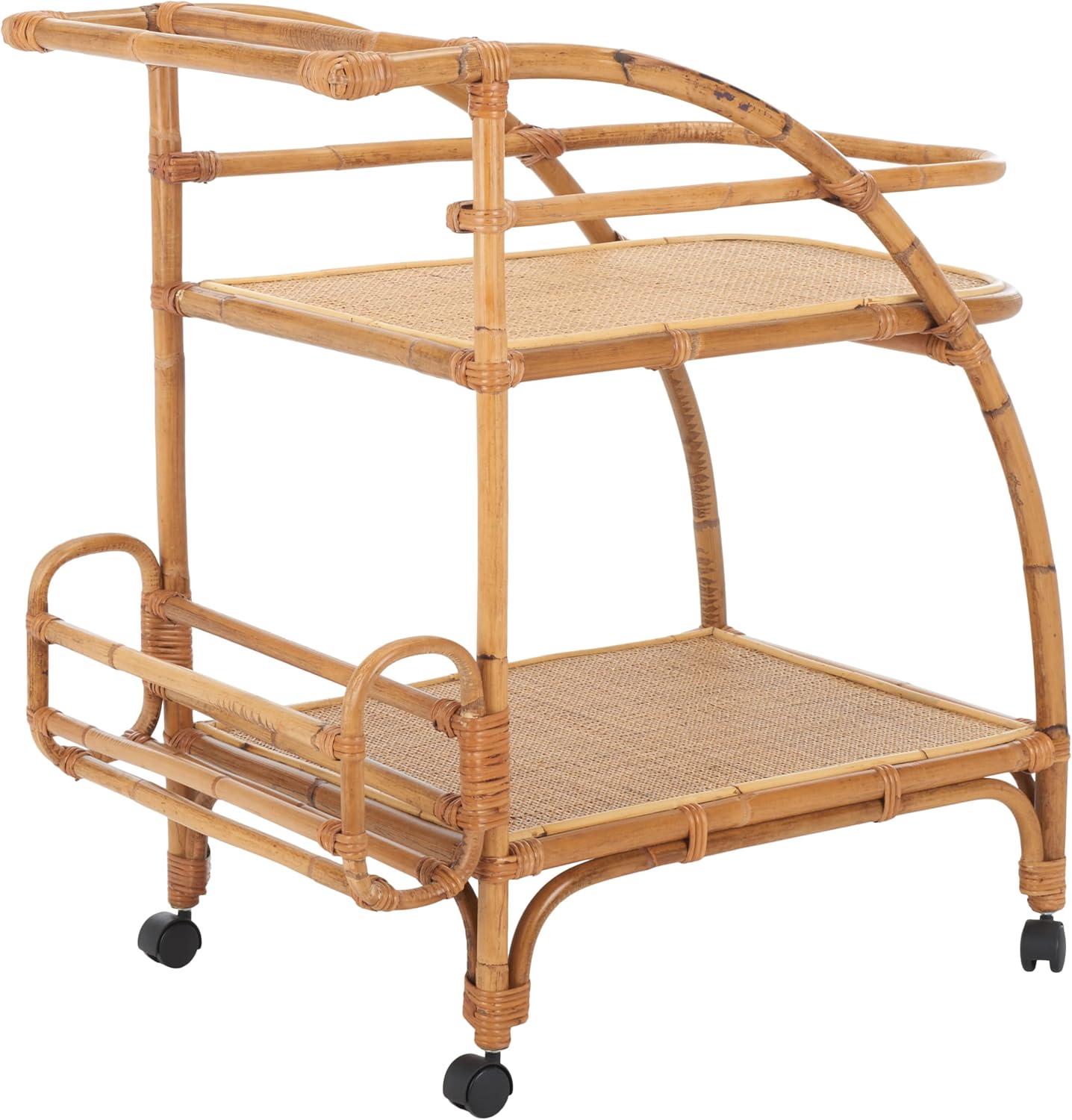 image:imageSAFAVIEH Home Collection Treise Tropical Coastal Natural Rattan 2Tier Bar Cart with Wheels Fully Assembled