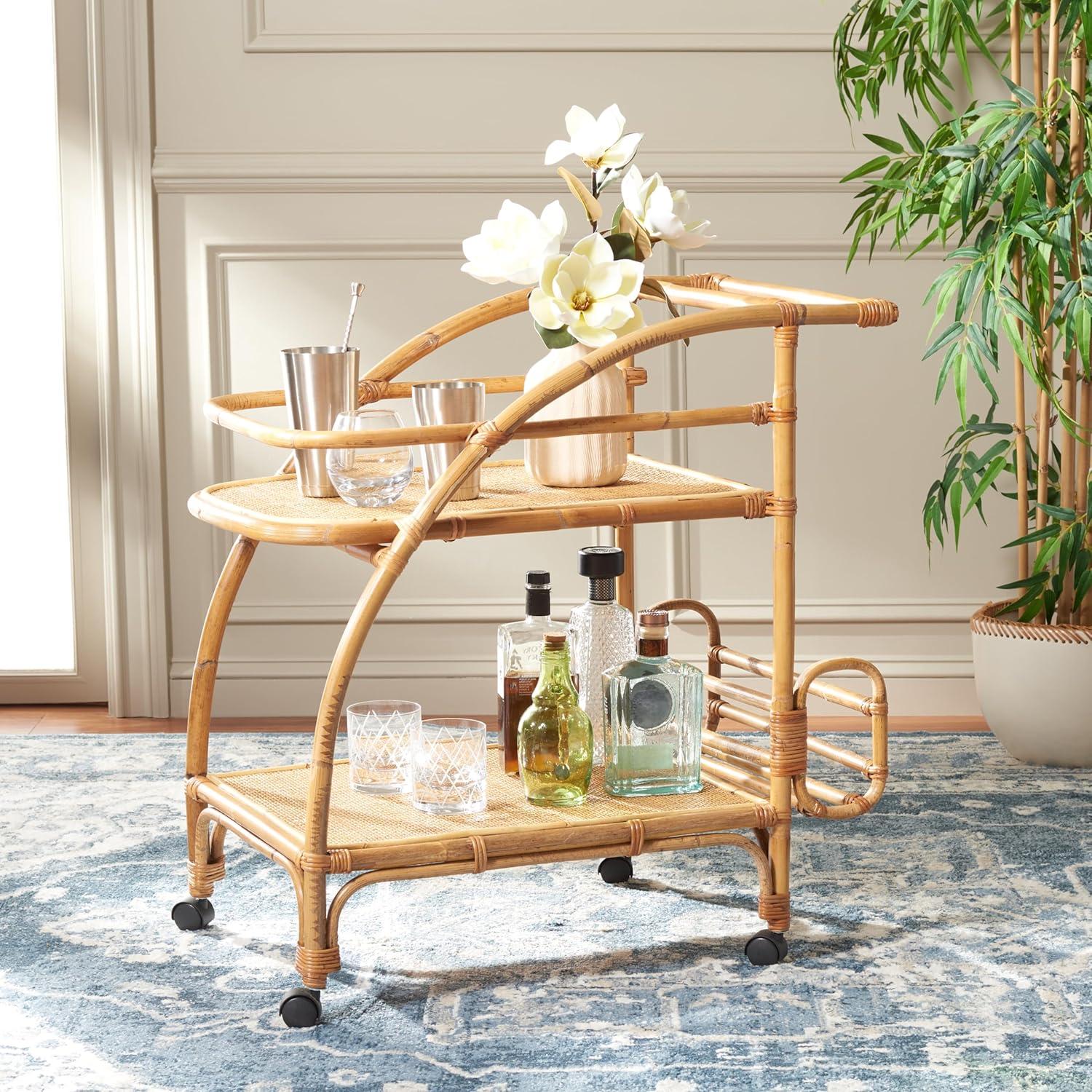 image:imageSAFAVIEH Home Collection Treise Tropical Coastal Natural Rattan 2Tier Bar Cart with Wheels Fully Assembled