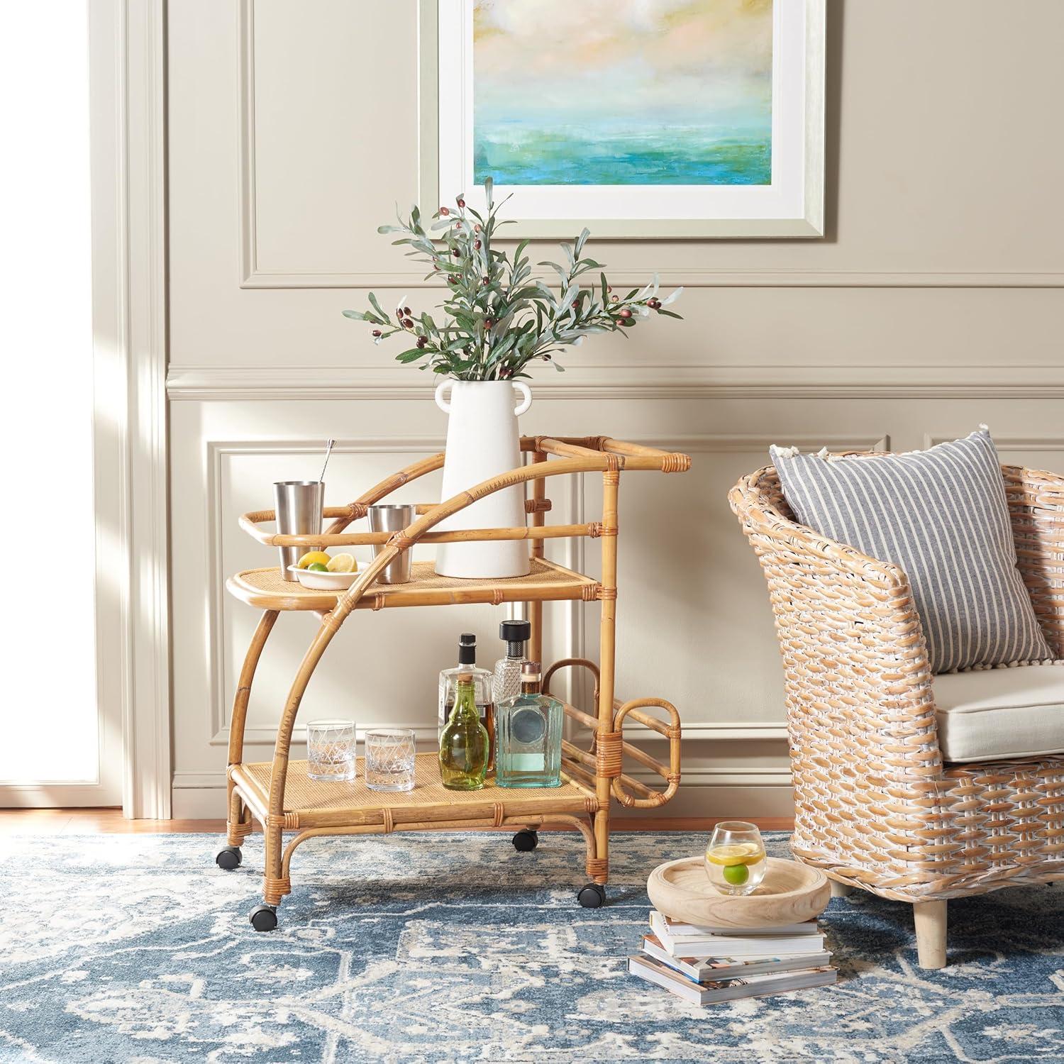 image:imageSAFAVIEH Home Collection Treise Tropical Coastal Natural Rattan 2Tier Bar Cart with Wheels Fully Assembled