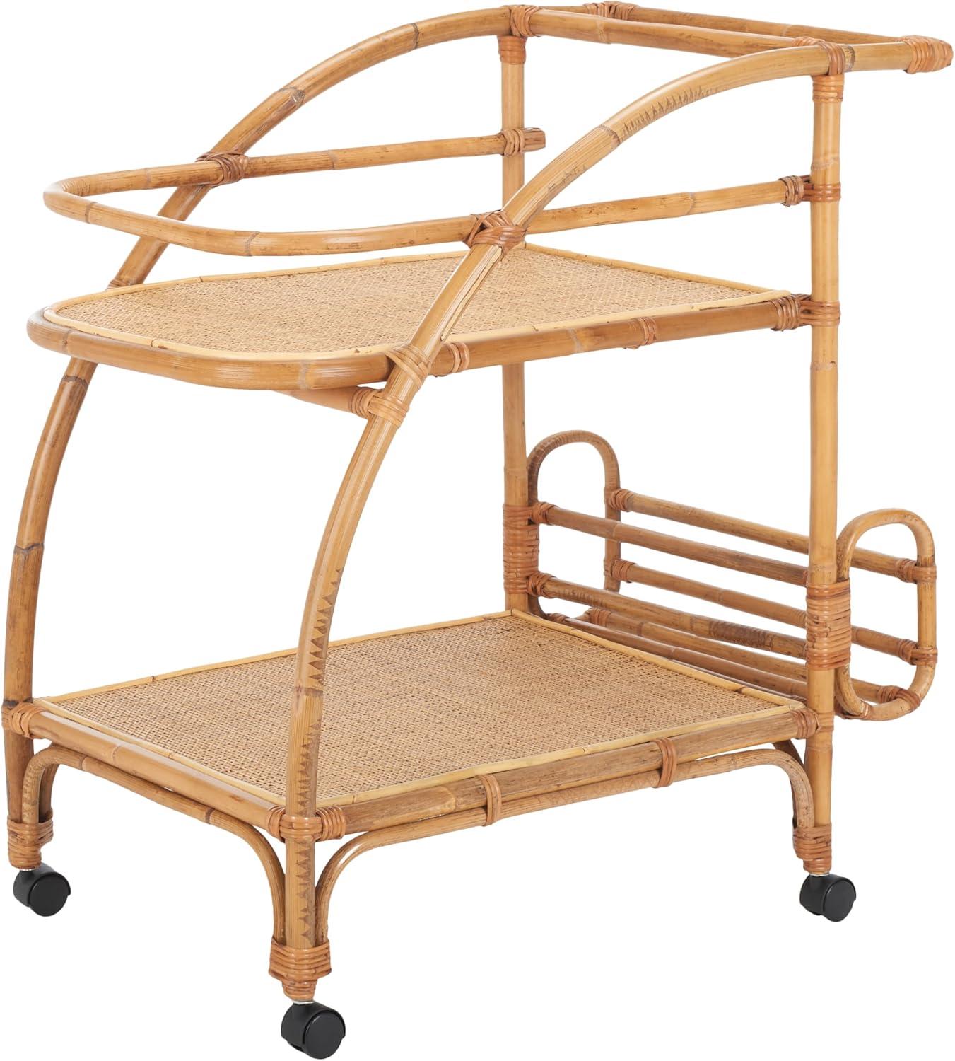 image:imageSAFAVIEH Home Collection Treise Tropical Coastal Natural Rattan 2Tier Bar Cart with Wheels Fully Assembled