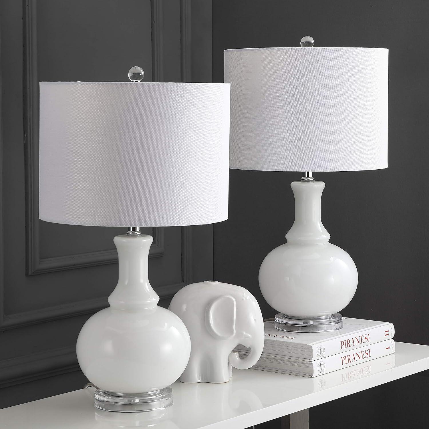 image:imageSAFAVIEH Lighting Collection Franny Modern Contemporary White Glass 28inch Bedroom Living Room Home Office Desk Nightstand Table Lamp Set of 2 LED Bulbs Included