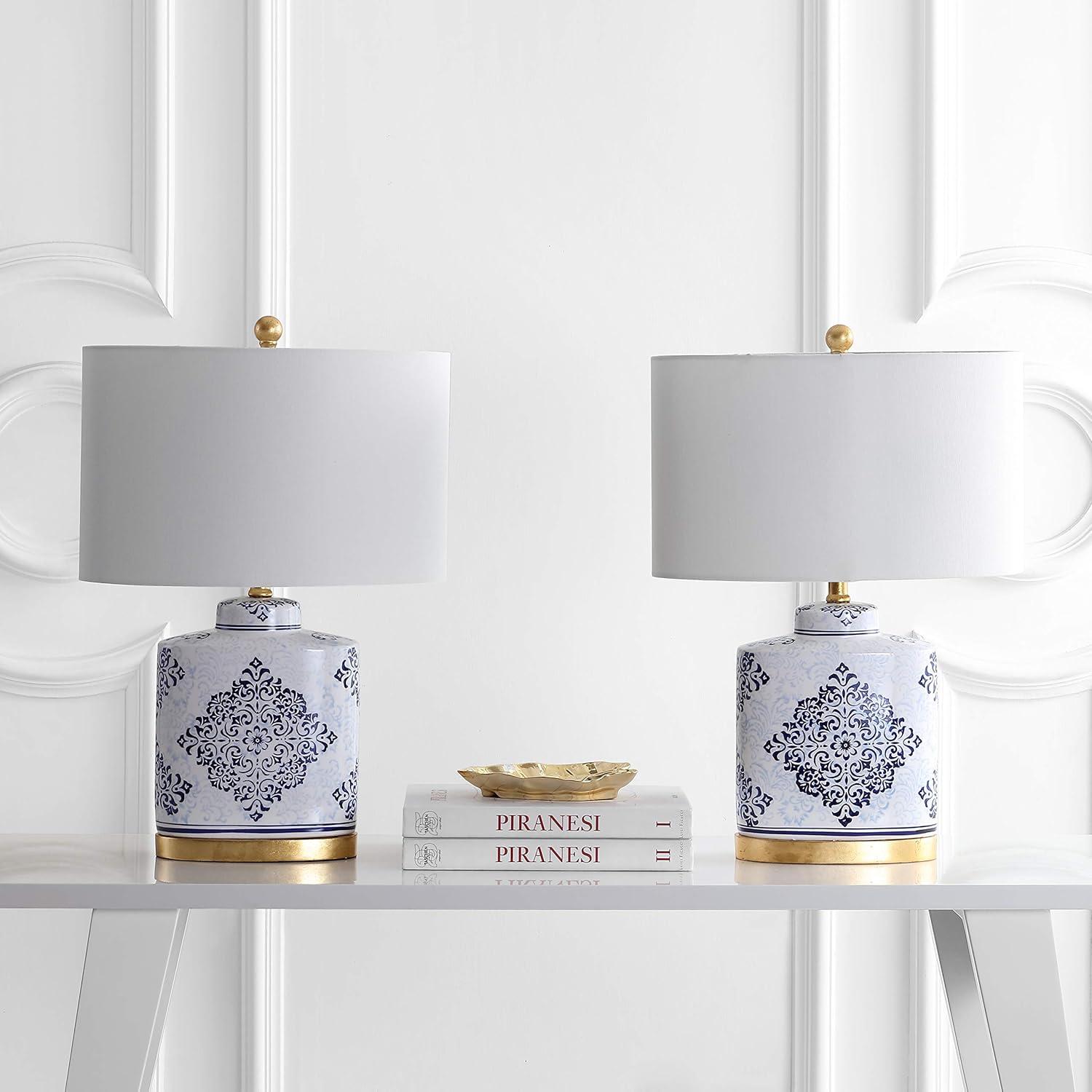 image:imageSAFAVIEH Lighting Collection Kamdyn Blue White 24inch Bedroom Living Room Home Office Desk Nightstand Table Lamp Set of 2 LED Bulbs Included