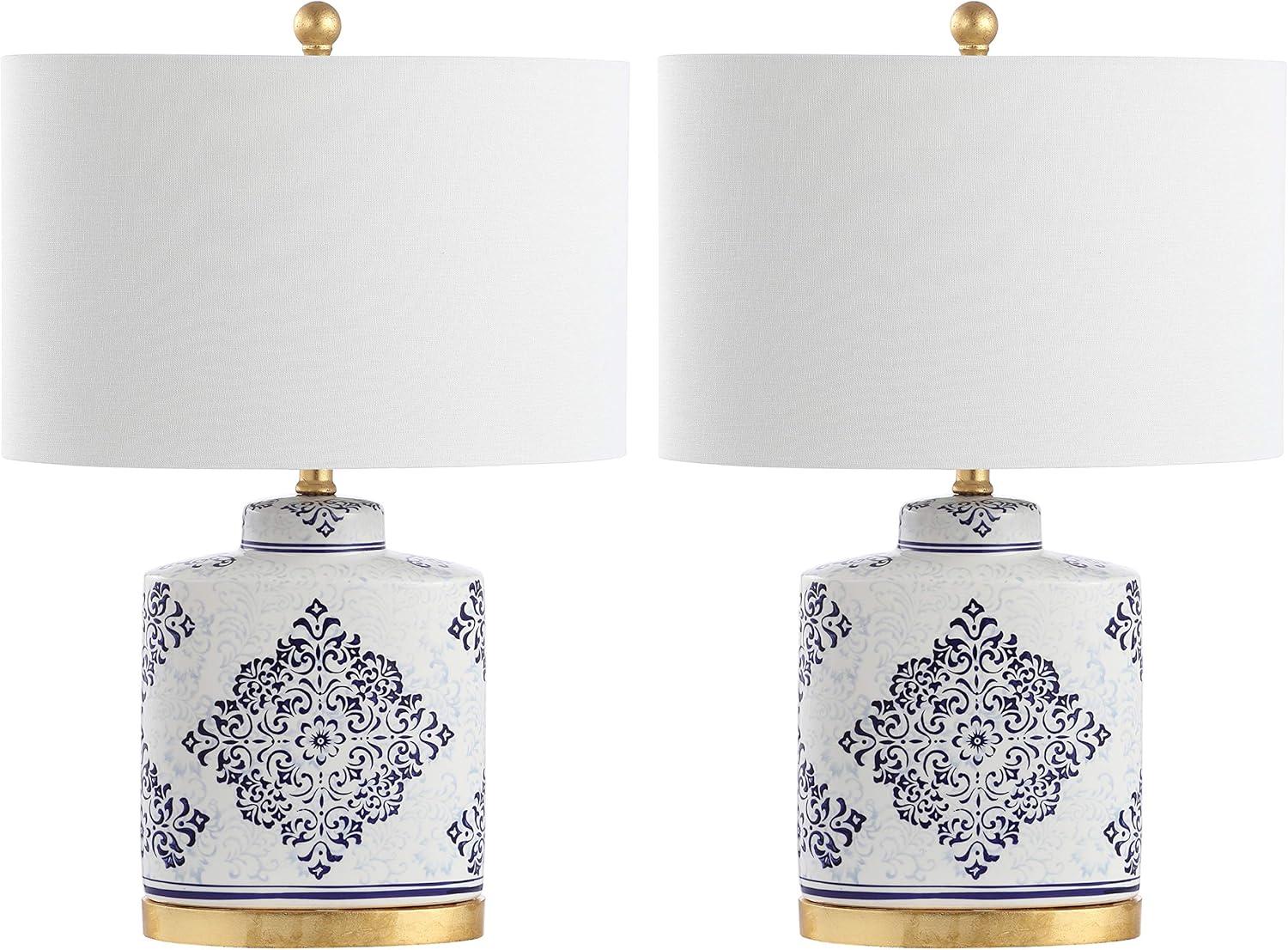 image:imageSAFAVIEH Lighting Collection Kamdyn Blue White 24inch Bedroom Living Room Home Office Desk Nightstand Table Lamp Set of 2 LED Bulbs Included