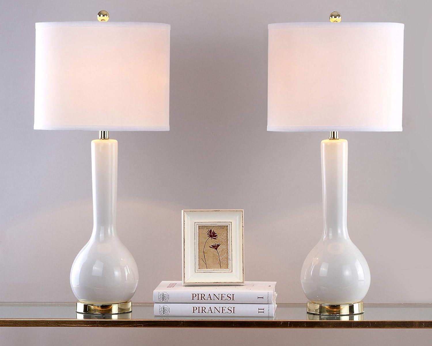 image:imageSAFAVIEH Lighting Collection Mae Long Neck Modern Contemporary Green Ceramic 31inch Bedroom Living Room Home Office Desk Nightstand Table Lamp Set of 2 LED Bulbs IncludedWhite