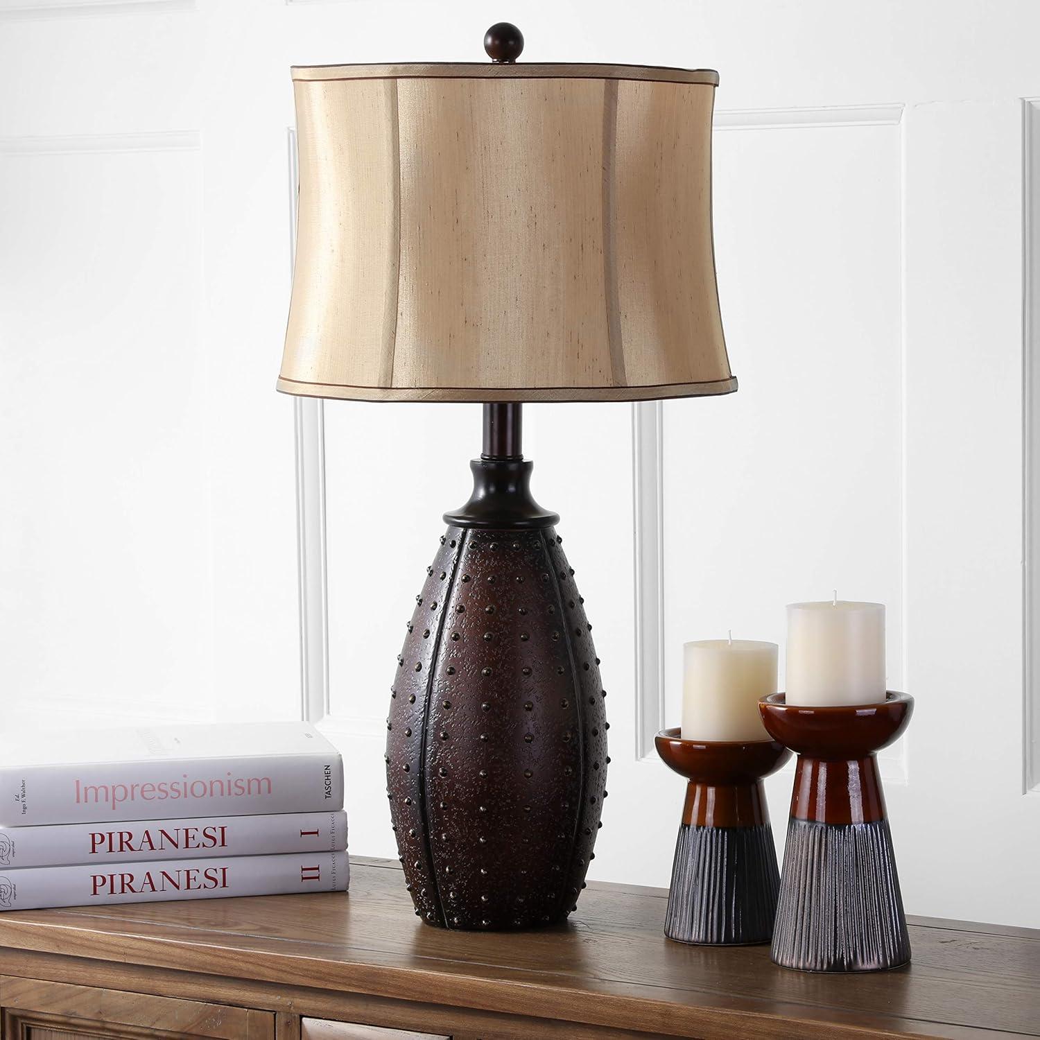 image:imageSAFAVIEH Lighting Collection Santa Fe Rustic Brown Studded Faux Leather 29inch Bedroom Living Room Home Office Desk Nightstand Table Lamp Set of 2 LED Bulbs Included