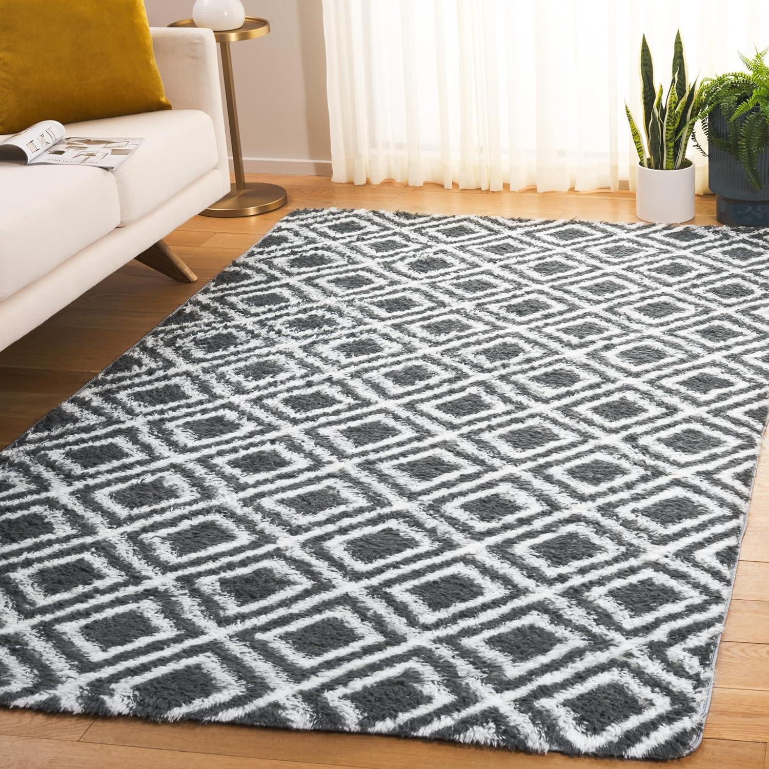 image:imageSAFAVIEH Rainbow Shag Collection Area Rug 8 x 10 Charcoal amp White Slip Resistant NonShedding amp Easy Care 16inch Thick Ideal for Living Room Bedroom Home Office Dining Space RBO102H8CharcoalWhite