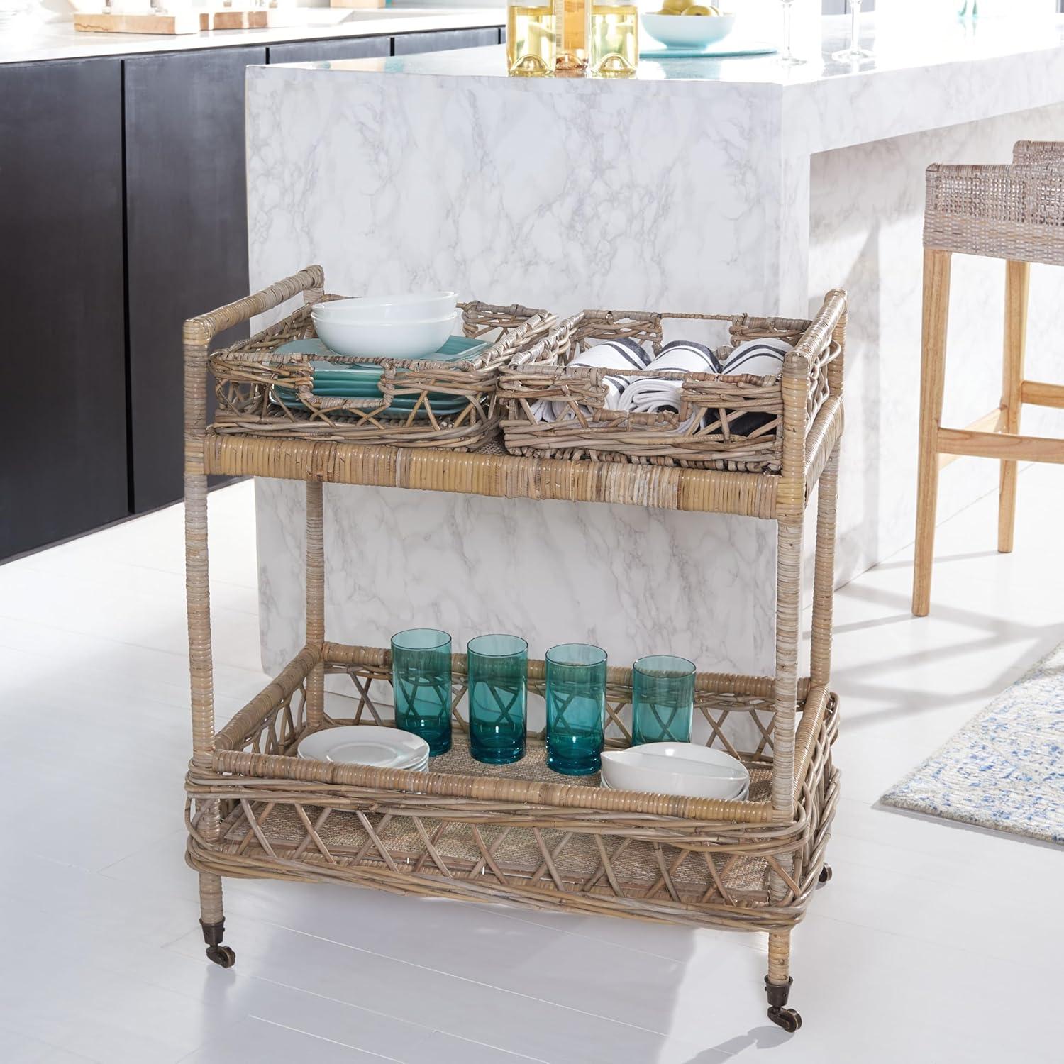 image:imageSafavieh Home Collection Ambrose BCT6500A Grey Wash and Antique Brass 2 Tier Rattan Bar Cart