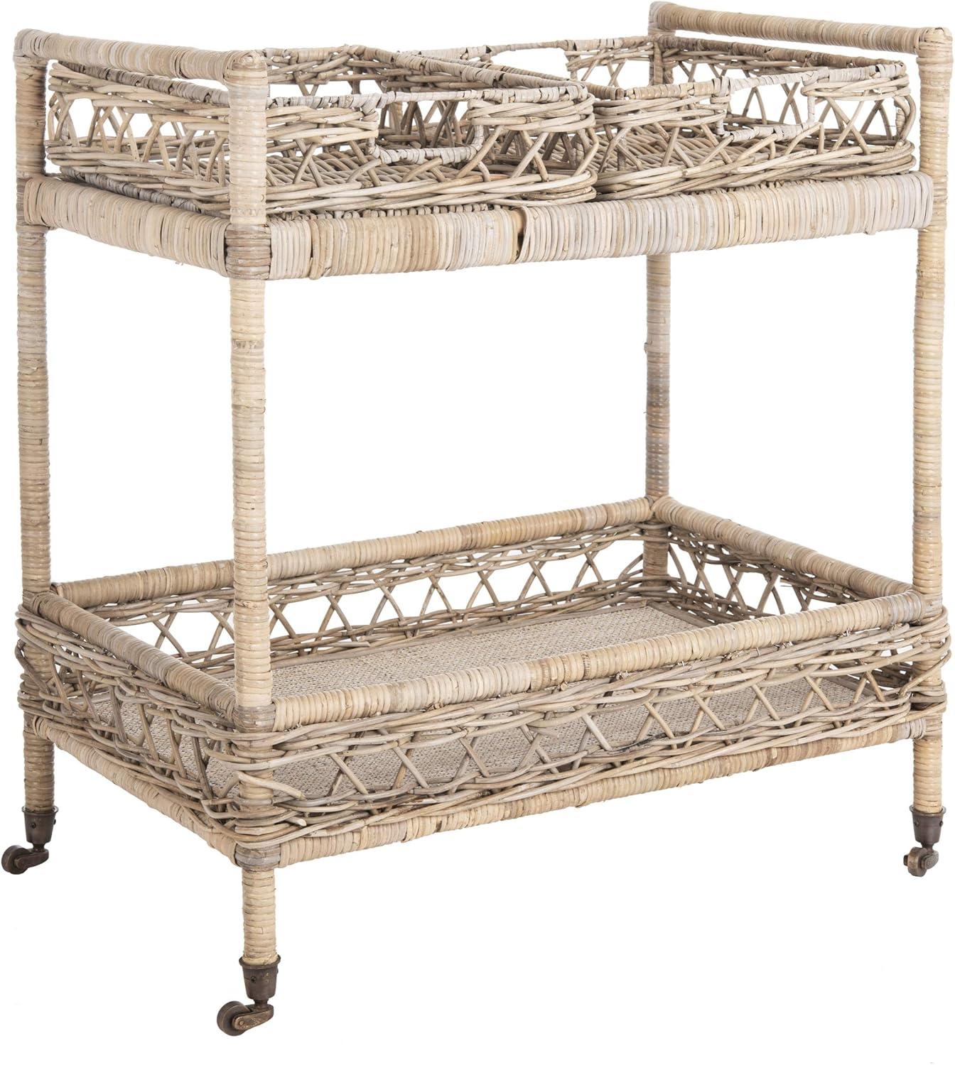 image:imageSafavieh Home Collection Ambrose BCT6500A Grey Wash and Antique Brass 2 Tier Rattan Bar Cart