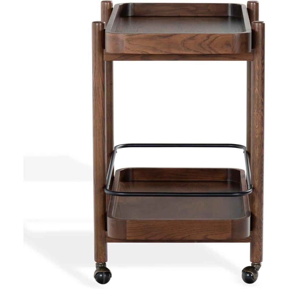 image:imageSAFAVIEH Couture Collection Krystof Natural Brown Wood Bar Cart 2Shelf Rolling Serving Cart with Black Rail Rounded Corners SFV4249AWalnut