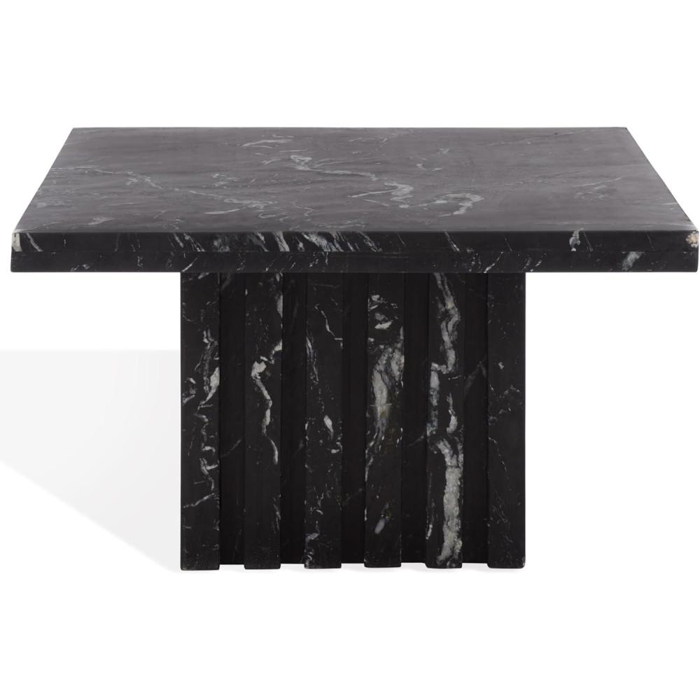 image:imageSAFAVIEH Couture Collection Olivia Black Square Travertine Accent Table Sculptural Pedestal Display Table SFV9702CBlack