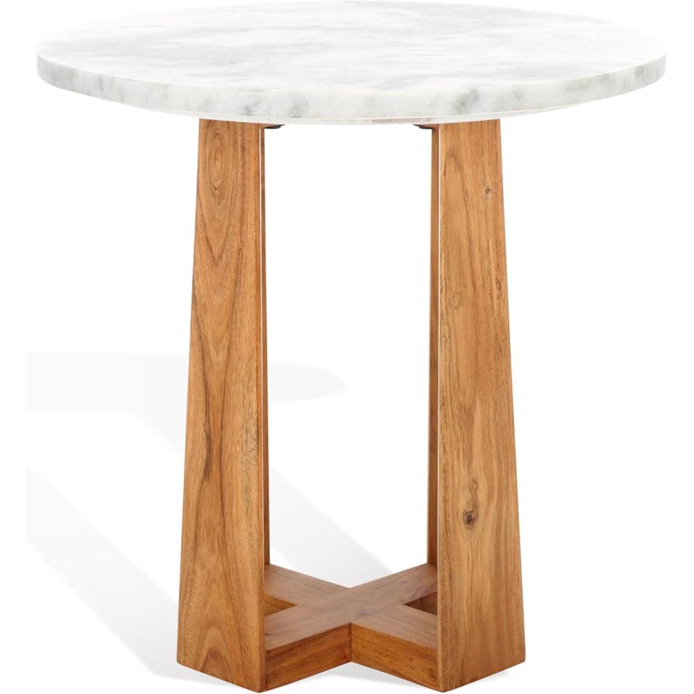 image:imageSAFAVIEH Couture Collection  Trenton Brown Marble Accent Table Round Top with Sculptural Wood Base SFV9704BWhiteNatural