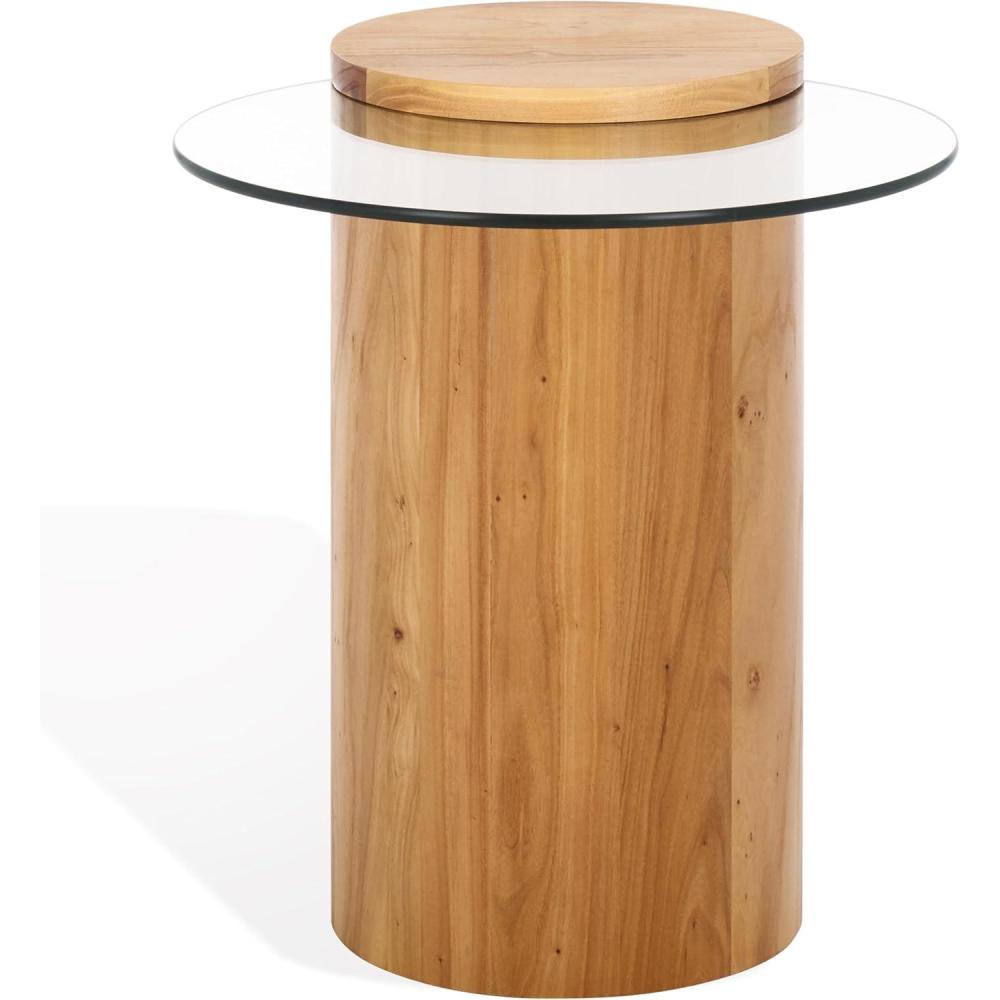 image:imageSAFAVIEH Couture Collection Tasharose Natural Brown Solid Wood Natural amp Clear Glass Top Pedestal Accent TableNaturalClear
