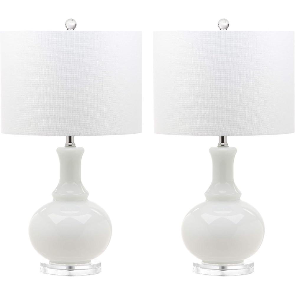 image:imageSAFAVIEH Lighting Collection Franny Modern Contemporary White Glass 28inch Bedroom Living Room Home Office Desk Nightstand Table Lamp Set of 2 LED Bulbs Included