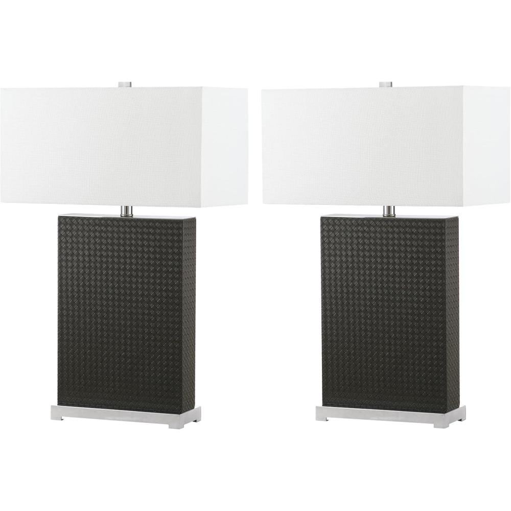 image:imageSAFAVIEH Lighting Collection Joyce Modern Art Deco Grey Faux Woven Leather Rectangle Shade 28inch Bedroom Living Room Home Office Desk Nightstand Table Lamp Set of 2 LED Bulbs IncludedGrey Woven  Set of 2
