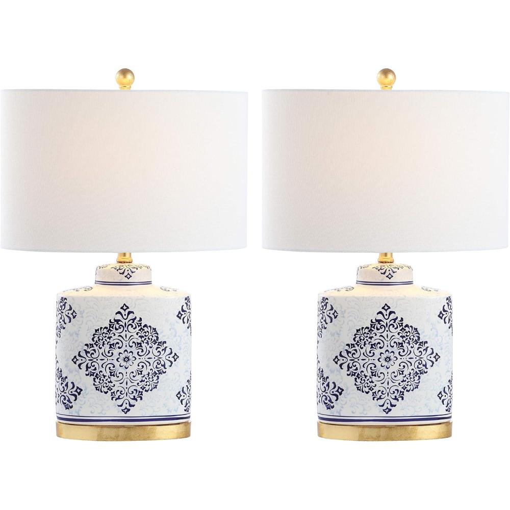image:imageSAFAVIEH Lighting Collection Kamdyn Blue White 24inch Bedroom Living Room Home Office Desk Nightstand Table Lamp Set of 2 LED Bulbs Included