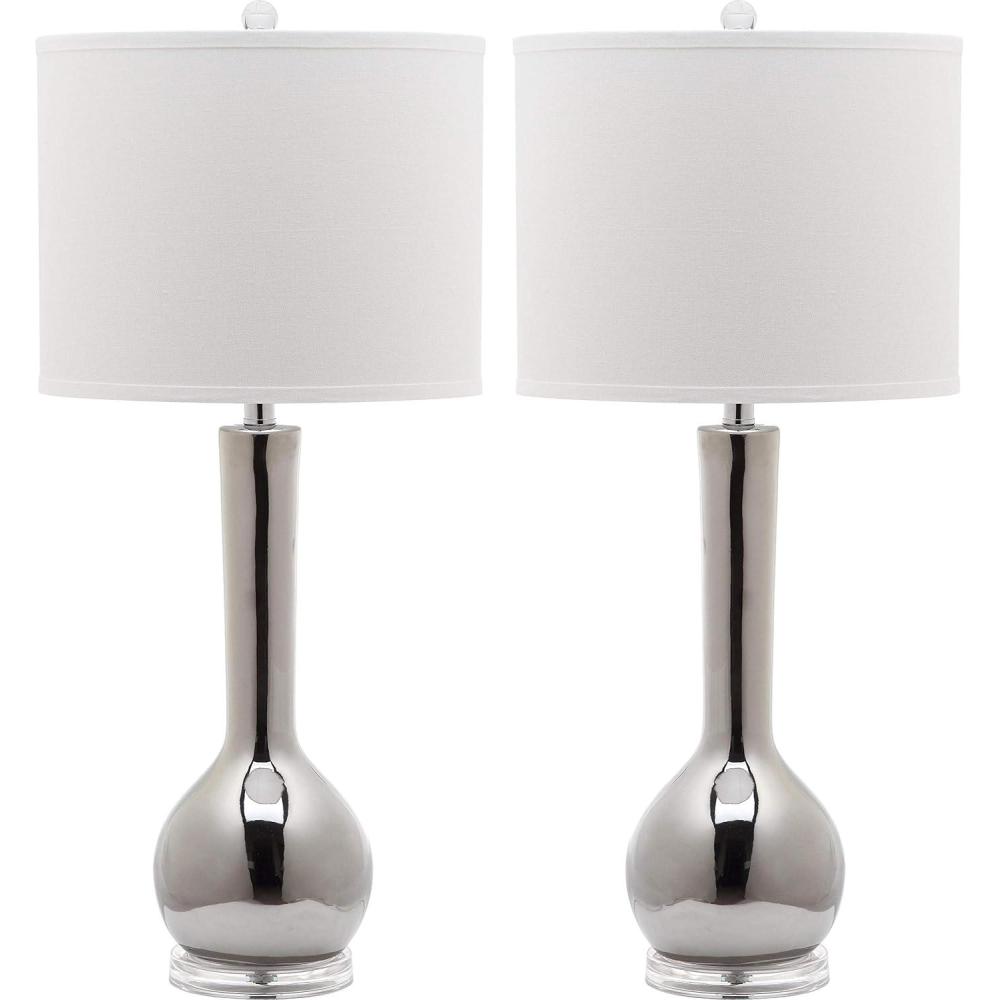 image:imageSAFAVIEH Lighting Collection Mae Long Neck Modern Contemporary Green Ceramic 31inch Bedroom Living Room Home Office Desk Nightstand Table Lamp Set of 2 LED Bulbs IncludedSilver  Set of 2