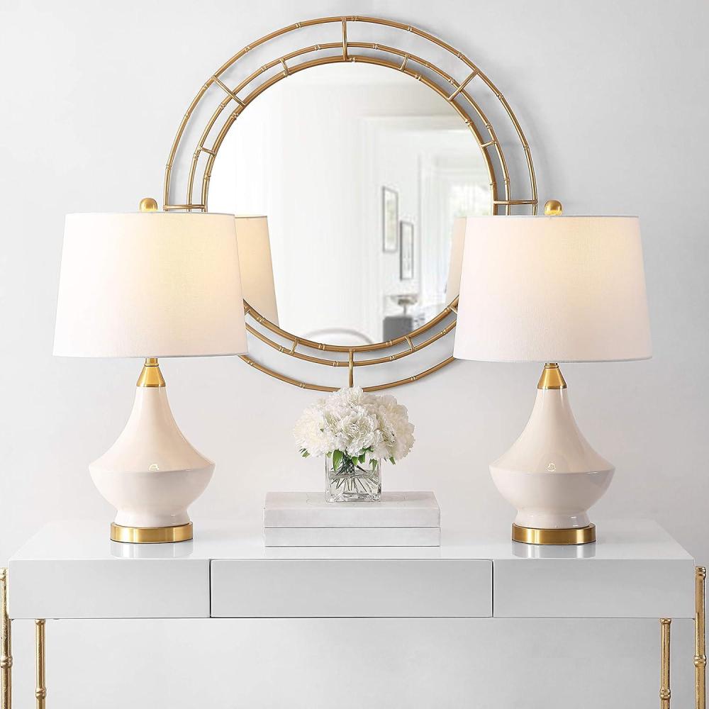 image:imageSAFAVIEH Lighting Collection Marlowe Modern White Glass 25inch Bedroom Living Room Home Office Desk Nightstand Table Lamp Set of 2 LED Bulbs Included