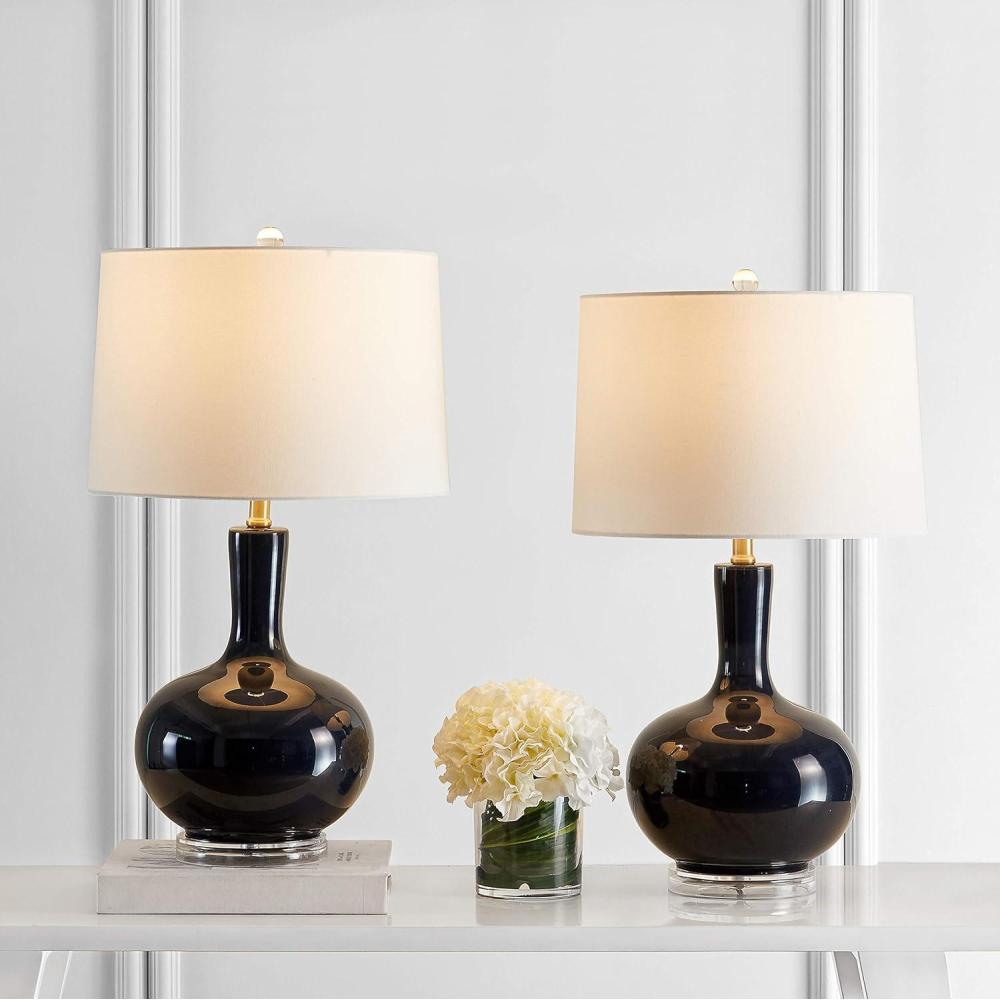 image:imageSAFAVIEH Lighting Collection Nilla Modern Contemporary Cream Clear 27inch Bedroom Living Room Home Office Desk Nightstand Table Lamp Set of 2 LED Bulbs IncludedNavy  Set of 2