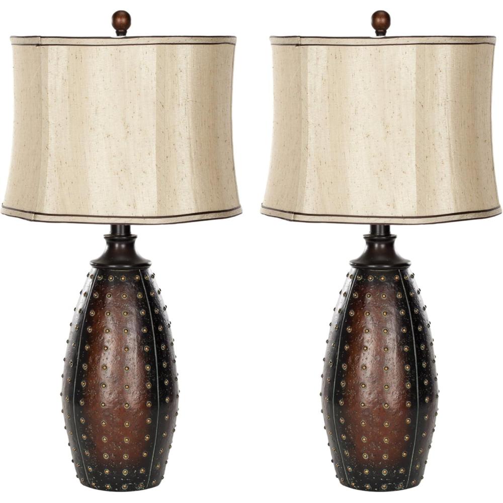 image:imageSAFAVIEH Lighting Collection Santa Fe Rustic Brown Studded Faux Leather 29inch Bedroom Living Room Home Office Desk Nightstand Table Lamp Set of 2 LED Bulbs Included