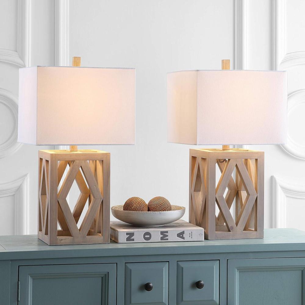 image:imageSAFAVIEH Lighting Collection Turner Rustic Farmhouse Brown Rectangle Shade 25inch Bedroom Living Room Home Office Desk Nightstand Table Lamp Set of 2 LED Bulbs Included