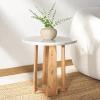 SAFAVIEH Couture Collection – Trenton Brown Marble Accent Table, Round Top with Sculptural Wood Base (SFV9704B)(White/Natural)