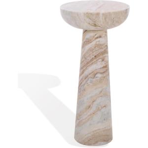 SAFAVIEH Couture Collection – Glendale Beige Round Marble Accent Table, Stone Pedestal Side Table, Modern Sculptural Design (SFV9766B)(White/Brown)