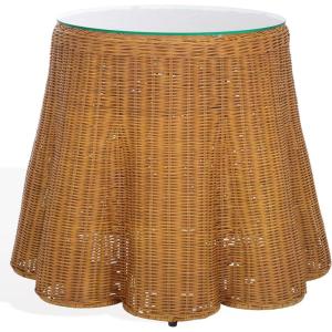 SAFAVIEH Couture Collection – Hylda Natural Rattan Accent Table, Round Shape, Glass Top Design, Fully Assembled (CWK3011A)(Natural)