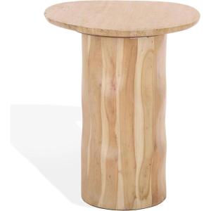 SAFAVIEH Couture Collection – Jenna Mira Travertine Top Accent Table, Modern Style, Sculptural Wood Base, Fully Assembled (SFV5780A)(Natural/Travertine)