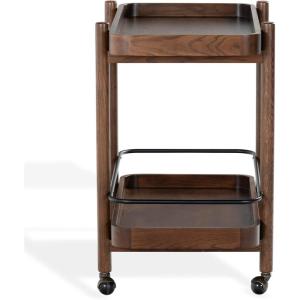 SAFAVIEH Couture Collection – Krystof Natural Brown Wood Bar Cart, 2-Shelf Rolling Serving Cart with Black Rail, Rounded Corners (SFV4249A)(Walnut)
