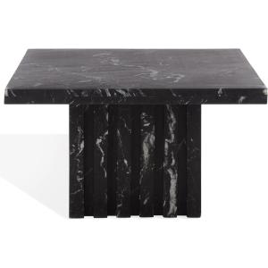 SAFAVIEH Couture Collection – Olivia Black Square Travertine Accent Table, Sculptural Pedestal Display Table (SFV9702C)(Black)