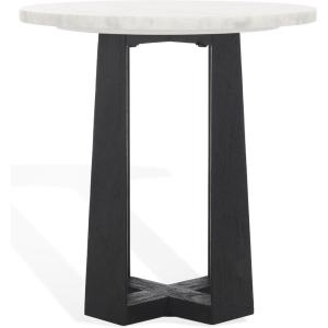SAFAVIEH Couture Collection – Trenton Brown Marble Accent Table, Round Top with Sculptural Wood Base (SFV9704B)(White/Black)