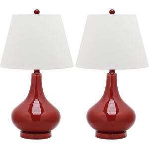 SAFAVIEH Lighting Collection Amy Modern Contemporary Fern Green Gourd Glass 24-inch Bedroom Living Room Home Office Desk Nightstand Table Lamp Set of 2 (LED Bulbs Included)(Red – Set of 2)
