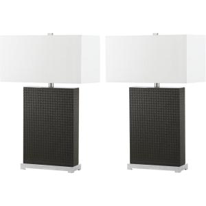 SAFAVIEH Lighting Collection Joyce Modern Art Deco Grey Faux Woven Leather Rectangle Shade 28-inch Bedroom Living Room Home Office Desk Nightstand Table Lamp Set of 2 (LED Bulbs Included)(Grey Woven – Set of 2)