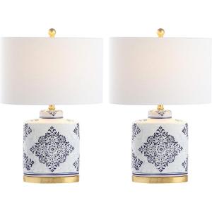 SAFAVIEH Lighting Collection Kamdyn Blue/ White 24-inch Bedroom Living Room Home Office Desk Nightstand Table Lamp Set of 2 (LED Bulbs Included)