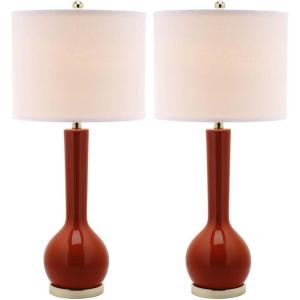 SAFAVIEH Lighting Collection Mae Long Neck Modern Contemporary Green Ceramic 31-inch Bedroom Living Room Home Office Desk Nightstand Table Lamp Set of 2 (LED Bulbs Included)(Orange – Set of 2)