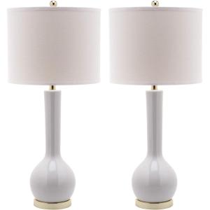 SAFAVIEH Lighting Collection Mae Long Neck Modern Contemporary Green Ceramic 31-inch Bedroom Living Room Home Office Desk Nightstand Table Lamp Set of 2 (LED Bulbs Included)(White)