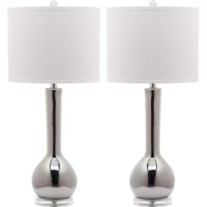 SAFAVIEH Lighting Collection Mae Long Neck Modern Contemporary Green Ceramic 31-inch Bedroom Living Room Home Office Desk Nightstand Table Lamp Set of 2 (LED Bulbs Included)(Silver – Set of 2)
