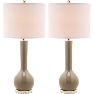 SAFAVIEH Lighting Collection Mae Long Neck Modern Contemporary Green Ceramic 31-inch Bedroom Living Room Home Office Desk Nightstand Table Lamp Set of 2 (LED Bulbs Included)(Taupe – Set of 2)
